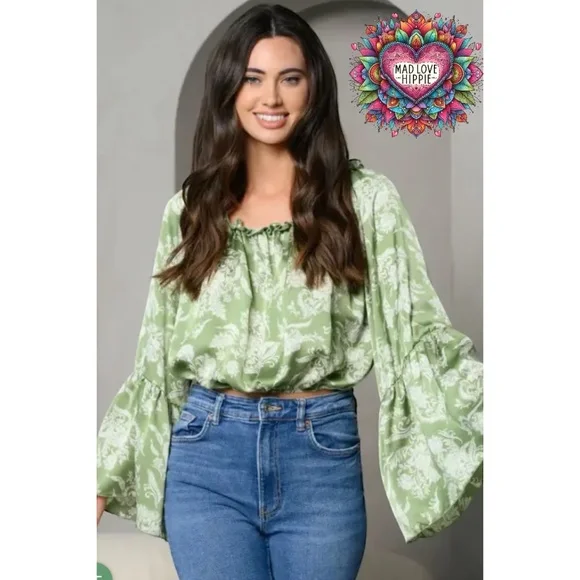 Peach Love Sage Green Satin Large Floral Print Off Shoulder Bubble Top - Picture 3 of 7